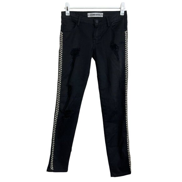 ETIENNE MARCEL Revolve Studded Skinny Black Jeans Size 26 Dark Denim Distressed - Picture 2 of 13